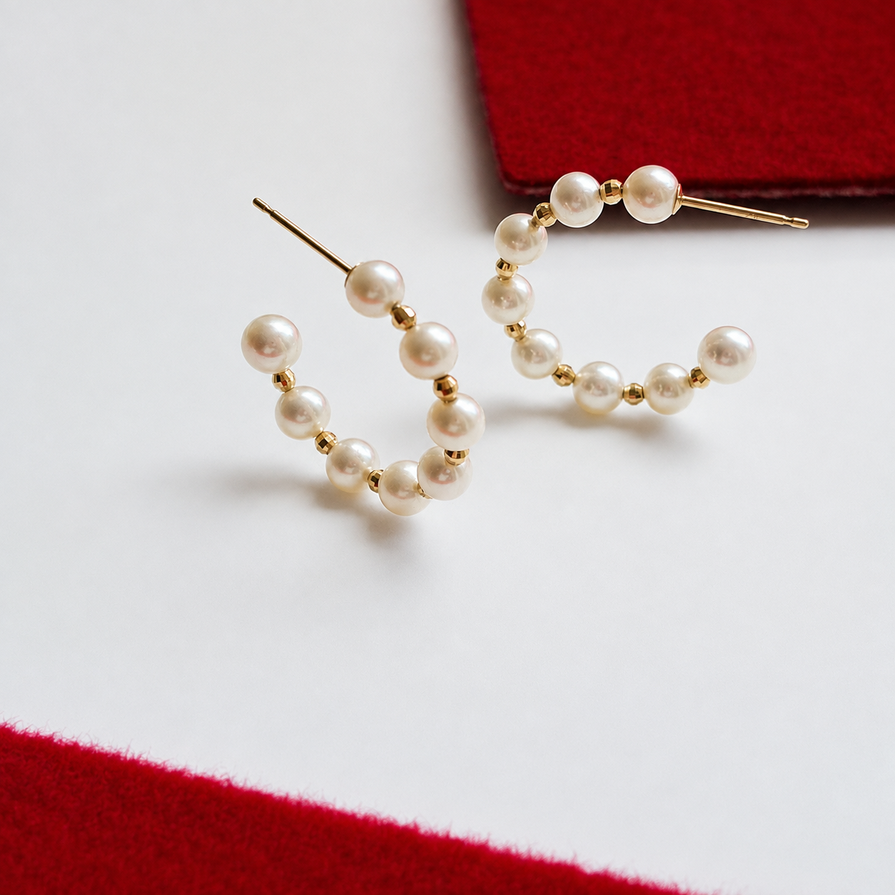 Akoya Pearl Wave Hoop Earrings / Gold Pearl Ring